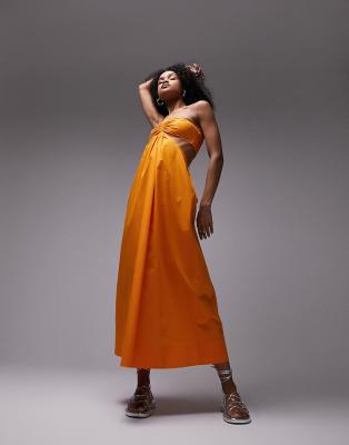 Topshop - Neckholder-Midikleid aus Popeline in Orange-Grün