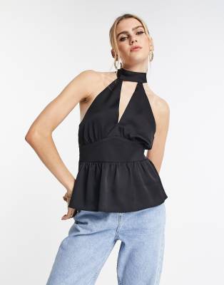 Topshop - Neckholder-Oberteil aus Satin in Schwarz