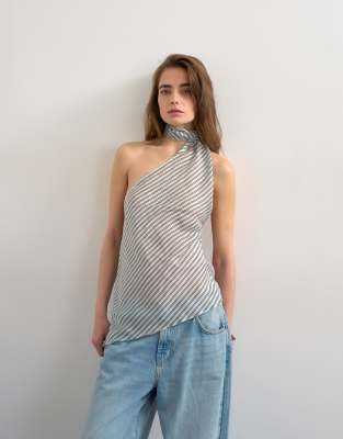 Topshop - Neckholder-Oberteil in Blau gestreift mit Schaldetail