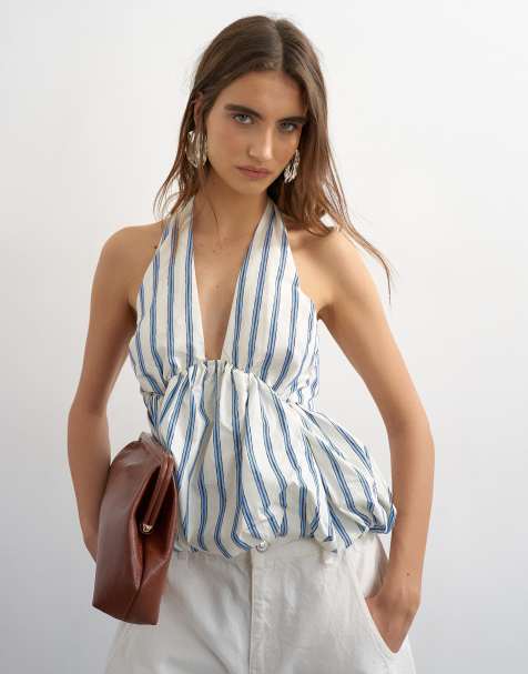 Topshop – Neckholder-Oberteil in gestreiftem Cremeweiß mit Ballonsaum - view 1