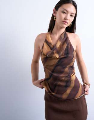 Topshop - Neckholder-Oberteil mit Holzmaserung und Wasserfallausschnitt-Bunt