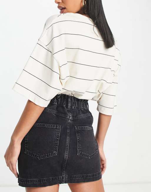 Topshop - Nederdel med paperbag-waist i vasket sort denim , 3 af 4