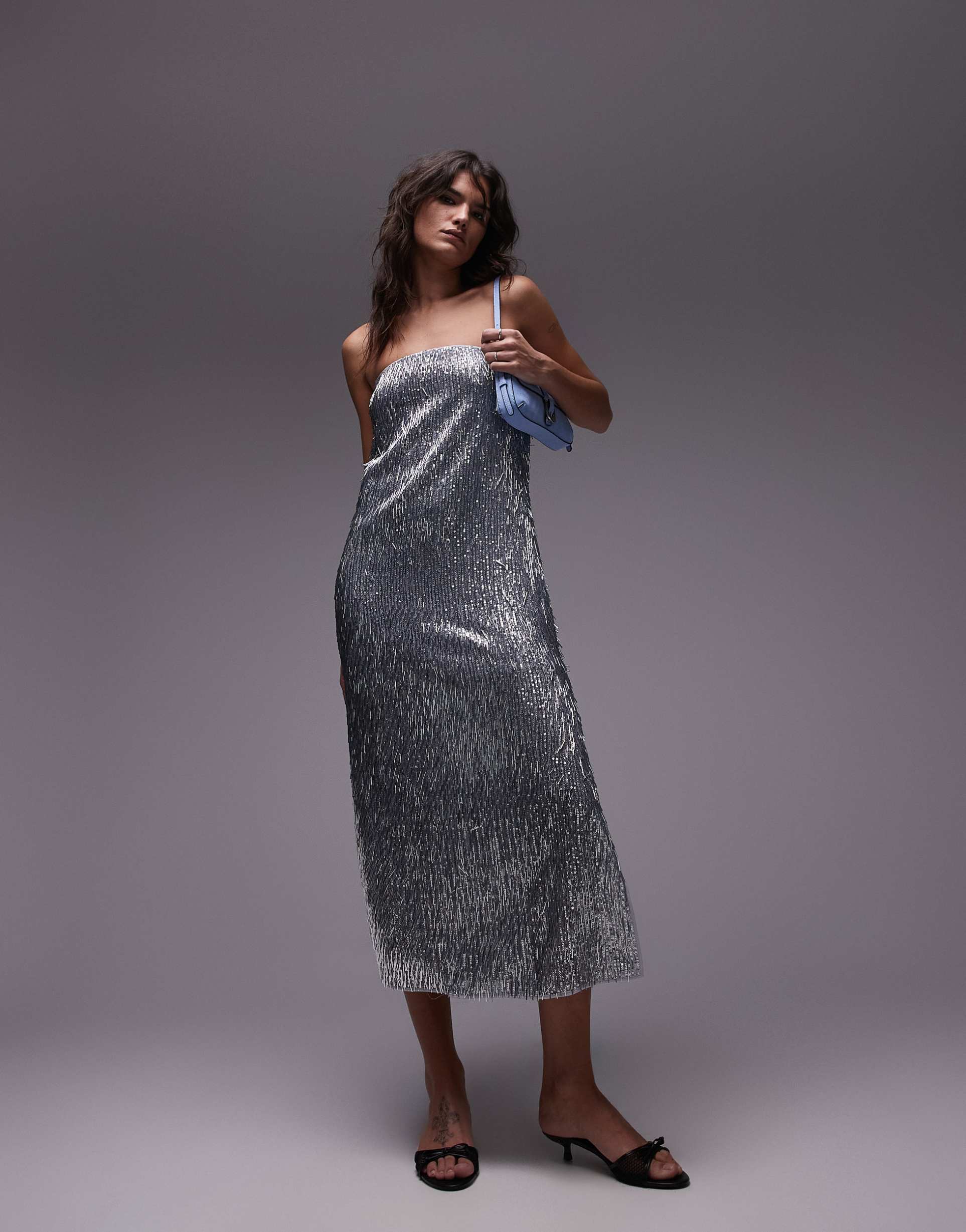 topshop needle embellished bandeau maxi dress in silver