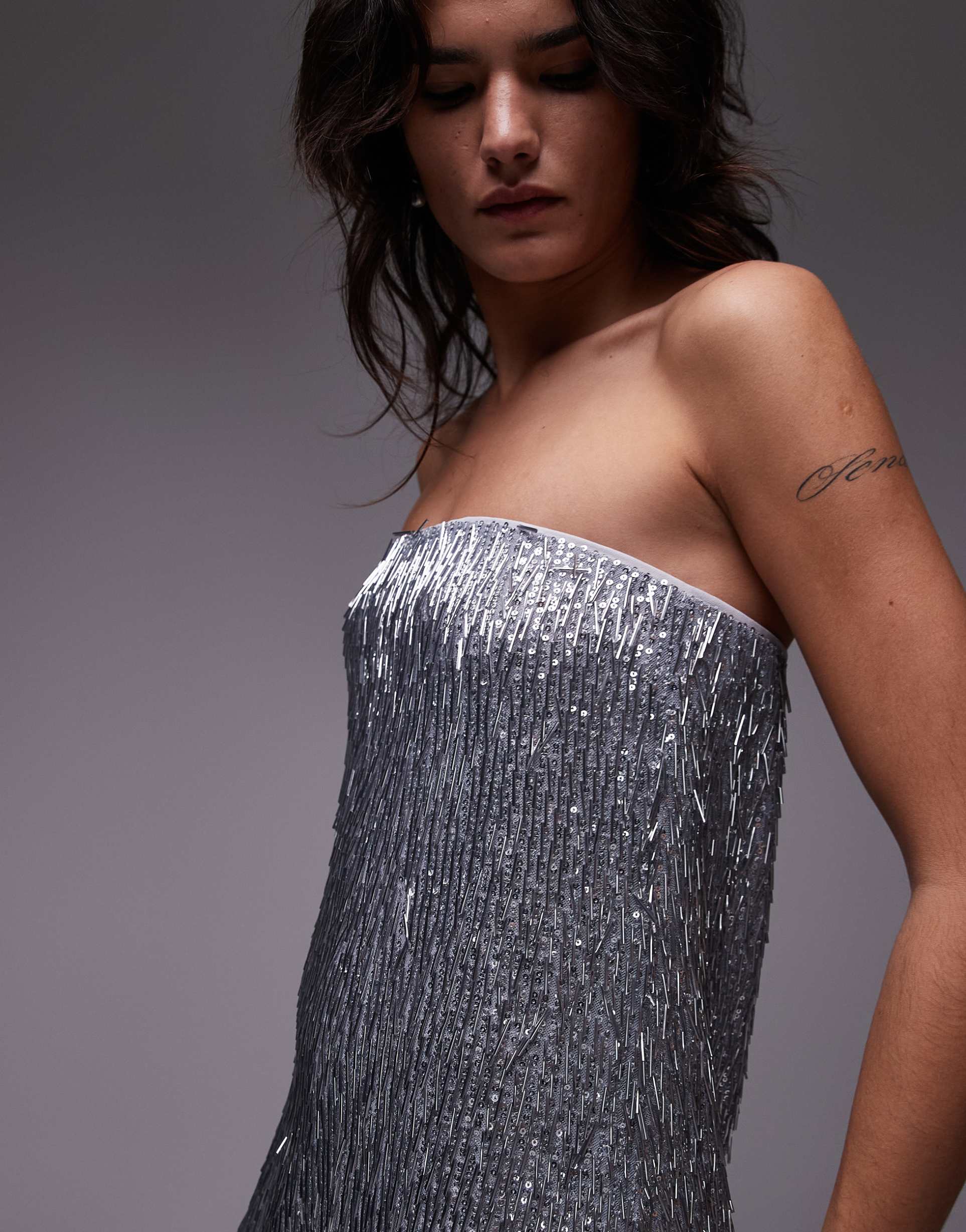 topshop needle embellished bandeau maxi dress in silver