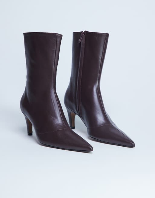 Topshop Neeve premium leather high heeled ankle boots in burgundy