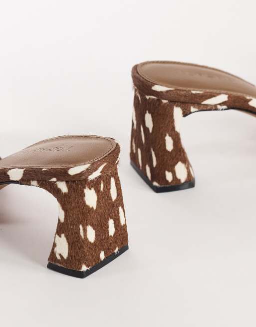 Topshop Nela mid heel mule in brown deer print hair on real leather, 2 of 4