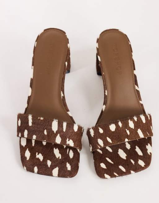 Topshop Nela mid heel mule in brown deer print hair on real leather, 3 of 4