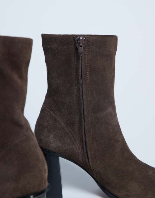 Topshop Nellie real suede heeled ankle boot in chocolate ASOS