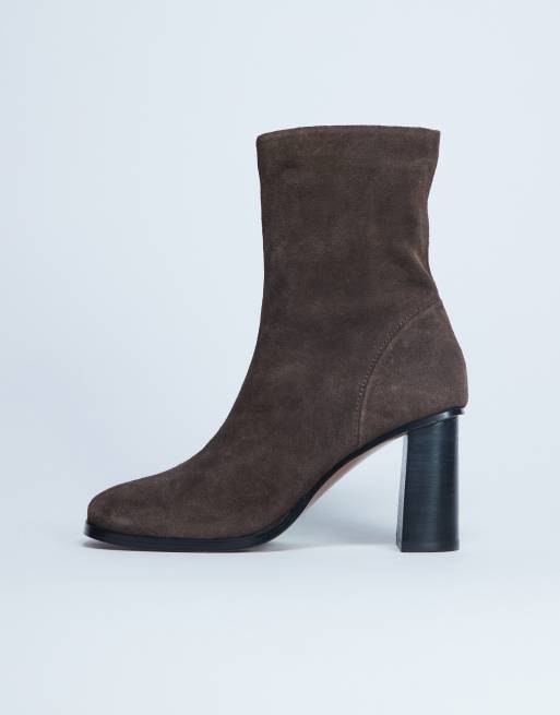 Topshop Nellie real suede heeled ankle boots in chocolate