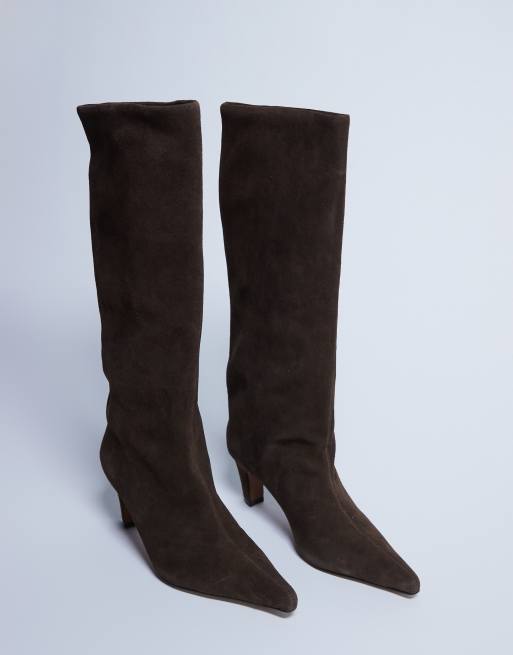 Topshop Nelly real suede pointed toe slouch boot in chocolate, 2 of 4