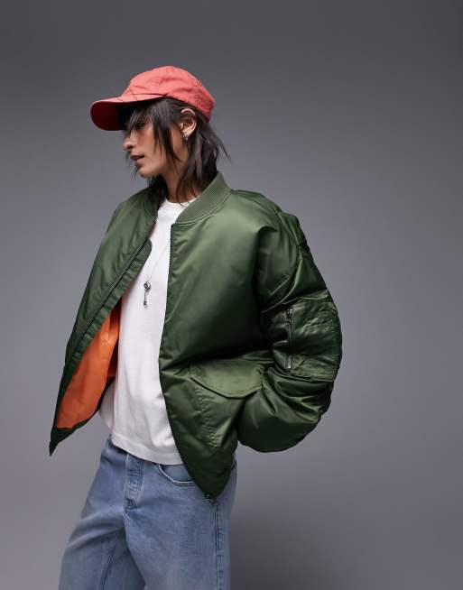 Topshop – Nero – Bomberjacke aus Nylon in Khaki mit Kragen