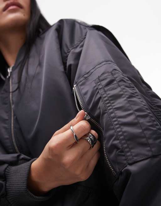 Topshop nero collar nylon bomber jacket in anthracite