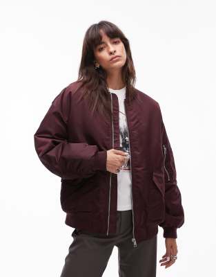 nero collar nylon bomber jacket in burgundy-Green