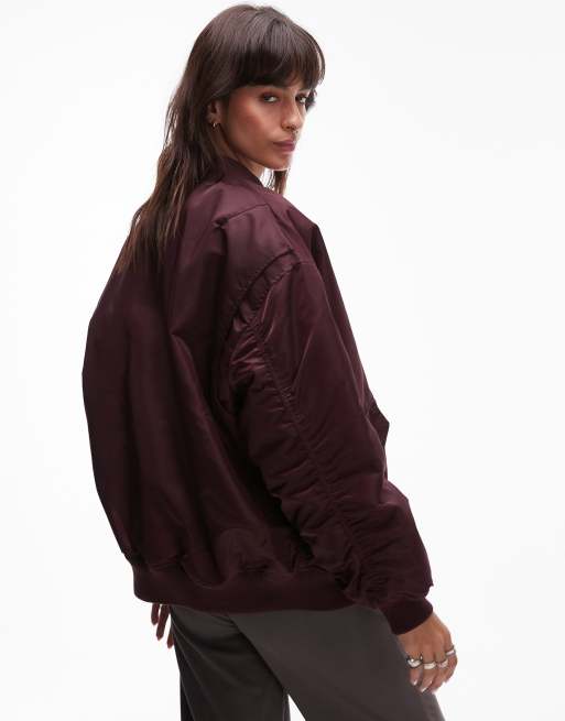 Topshop nero collar nylon bomber jacket in burgundy, 3 of 4