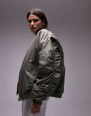 Topshop classic oversized nylon bomber jacket in khaki