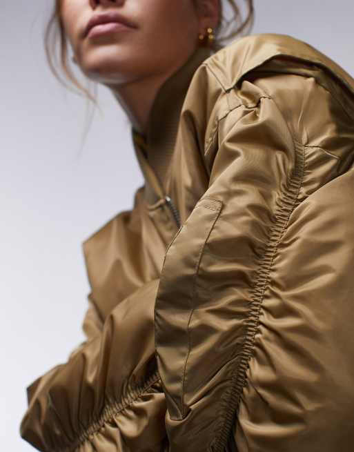 Topshop - Nero - Lysebrun bomber-jakke med krave i nylon, 6 af 6