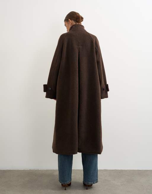 Topshop nette lange jas met opstaande kraag in donkerbruin, 4 van 4