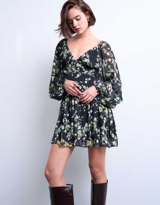 Topshop - Nette mini-jurk met blousonmouwen in chocoladebruin