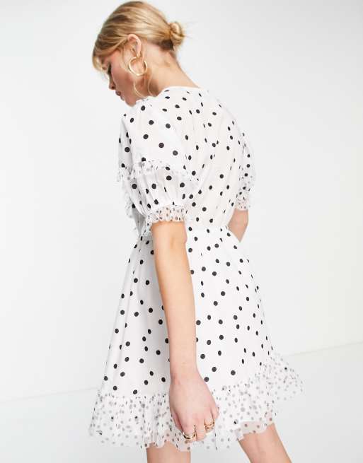 Topshop - Nette mini jurk met gemengde stippenprint in zwart/wit, 2 van 4