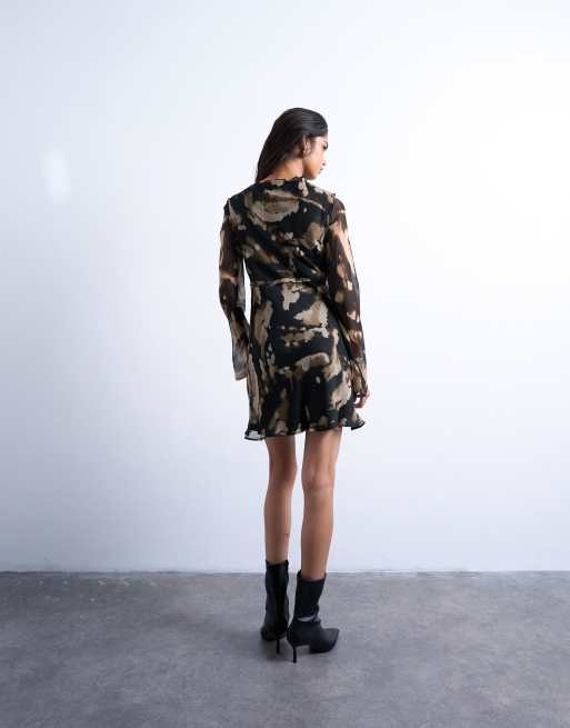Topshop - Nette mini jurk met lange mouwen, gestrikte voorkant en abstracte print, 4 van 4