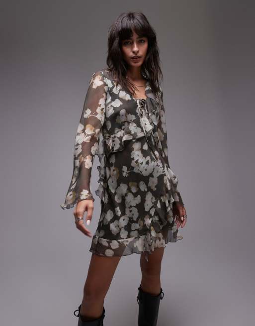 Topshop - Nette mini-jurk met lange mouwen, ruches en aquarel-bloemenprint