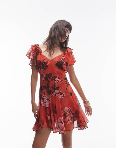Topshop - Nette mini-jurk met ruches en roze rozenprint - view 1
