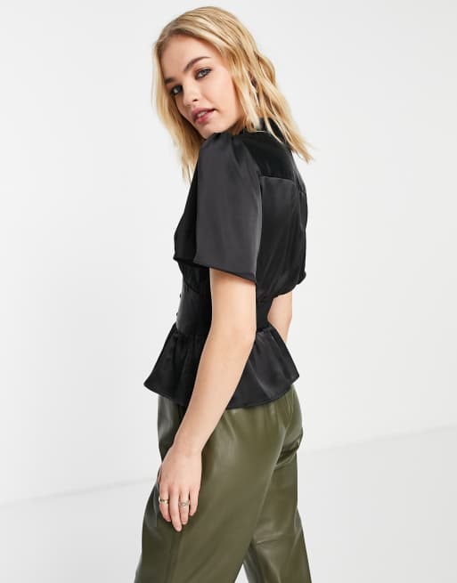 Topshop - Nette satijnen top met uitlopende mouwen en knoopsluiting in zwart, 2 van 4