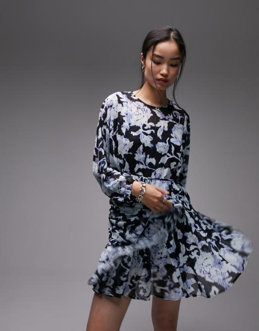 Topshop - Nette swingjurk met bloemenprint in blauw en zwart