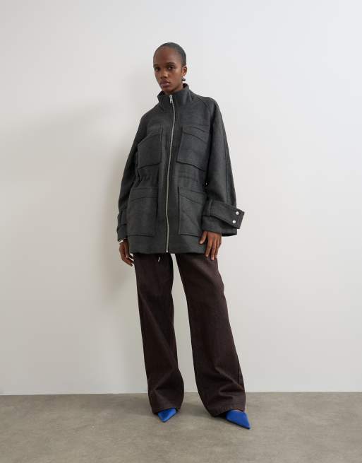 Topshop nette utility-jas met trekkoord in de taille in gemêleerd grijs, 3 van 4