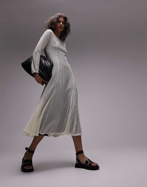 Topshop netted lace full skirt maxi dress in ecru - view 1