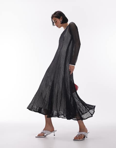 Topshop netted lace full skirt maxi dress in mono