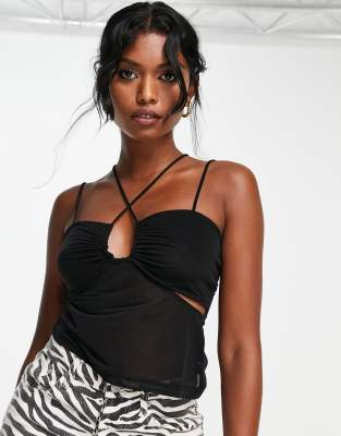 Topshop - Netzstoff-Camisole in Schwarz mit mehreren Riemchen und Zierausschnitt