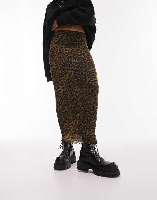Topshop – Netzstoff-Midirock in Khaki mit Animalprint 