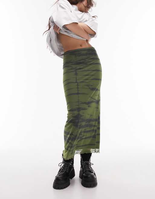 Topshop – Netzstoff-Midirock in Khaki mit horizontalem Linienmuster 