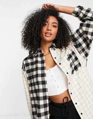 Topshop neutral patchwork check oversized shirt in monochrome