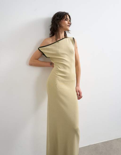 Topshop - Neutralfarvet maxikjole i strik med tekstur og snoet offshoulder-design, 2 af 4