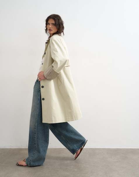 Topshop - Neutralfarvet trenchcoat med enkelt snit foran og kanter med kontrasterende tern - view 1