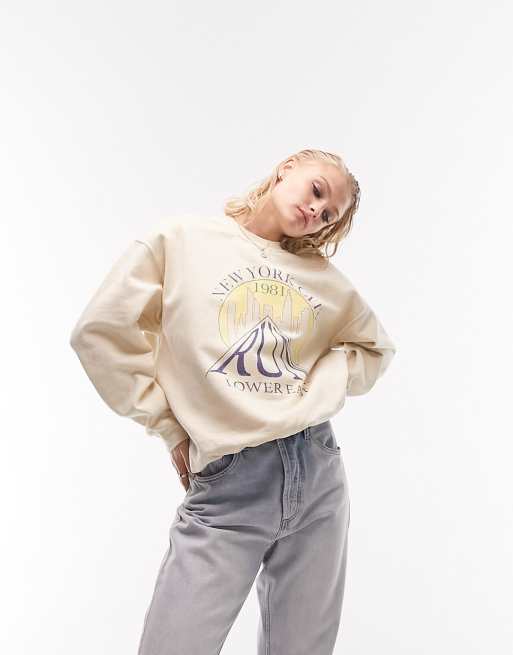 Topshop New York City run oversize vintage wash sweat in neutral