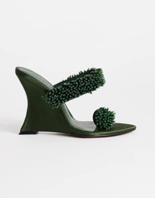 Topshop Nico Wedge Mules With Embellishment In Green