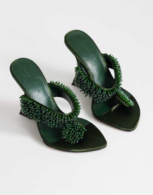 Topshop Nico wedge mules with embellishment in olive satin, 2 of 4