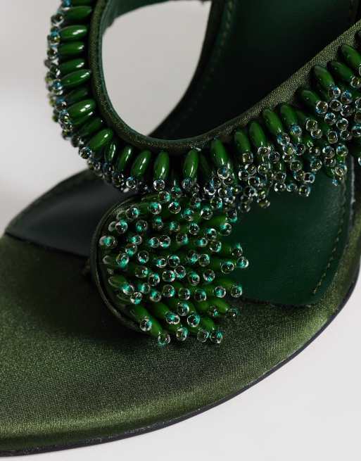 Topshop Nico wedge mules with embellishment in olive satin, 3 of 4