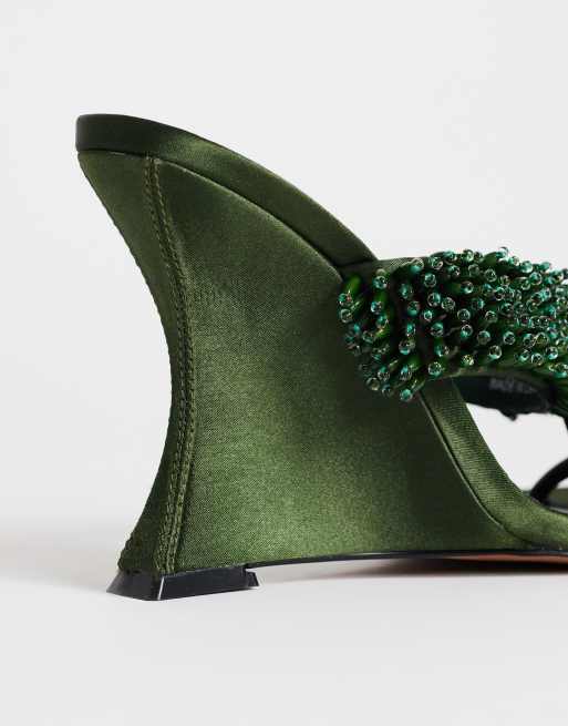 Topshop Nico wedge mules with embellishment in olive satin, 4 of 4
