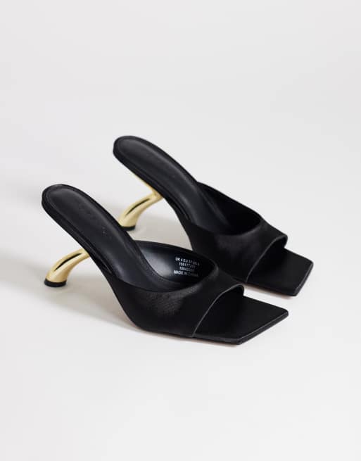 Topshop Nicole angular mid heel mules in black satin, 2 of 4
