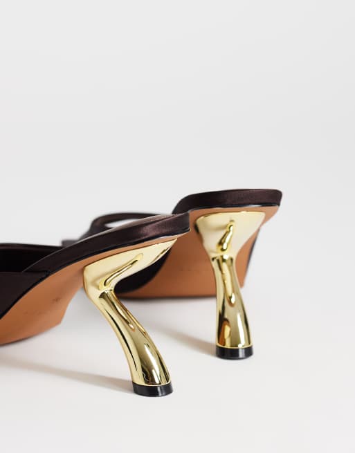 Topshop Nicole angular mid heel mules in chocolate satin, 4 of 4