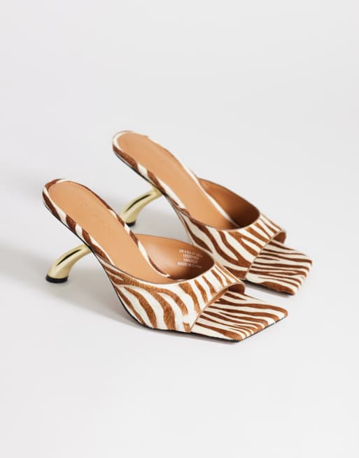 Topshop Nicole angular mid heel mules in zebra print hair-on real leather, 2 of 4