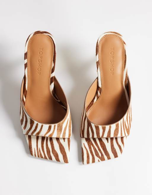 Topshop Nicole angular mid heel mules in zebra print hair-on real leather, 3 of 4