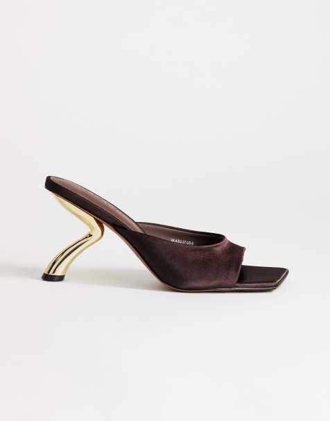 Topshop Nicole angular mid-height heeled mules in chocolate satin - view 1