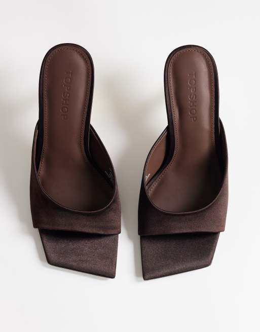 Topshop - Nicole - Mules à talon angulaire mi-haut en satin - Chocolat, 3 de 4