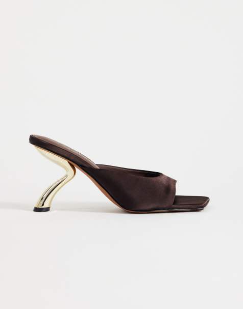 Topshop - Nicole - Mules marrón chocolate con tacón medio angular de satén - view 1