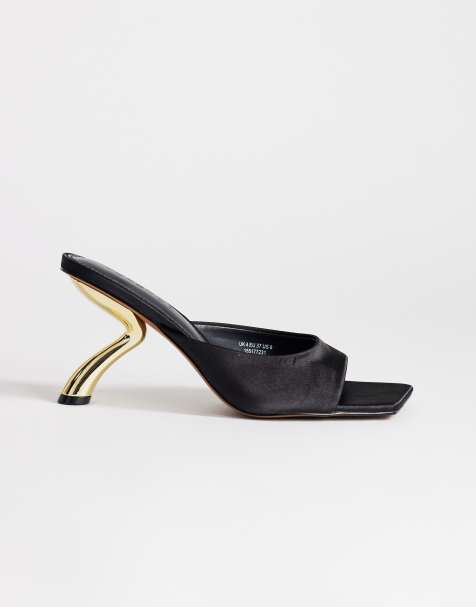 Topshop – Nicole – Svarta mules i satin med kantiga, halvhöga klackar - view 1